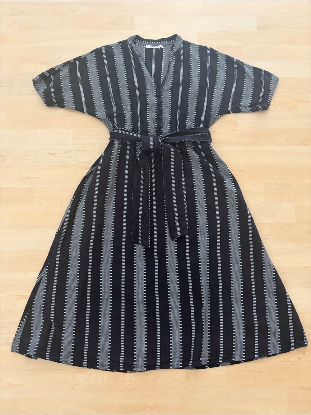 Lush Black Gray Striped Cotton Midi Dress Tie Waist Size Small - Picture 4 of 8